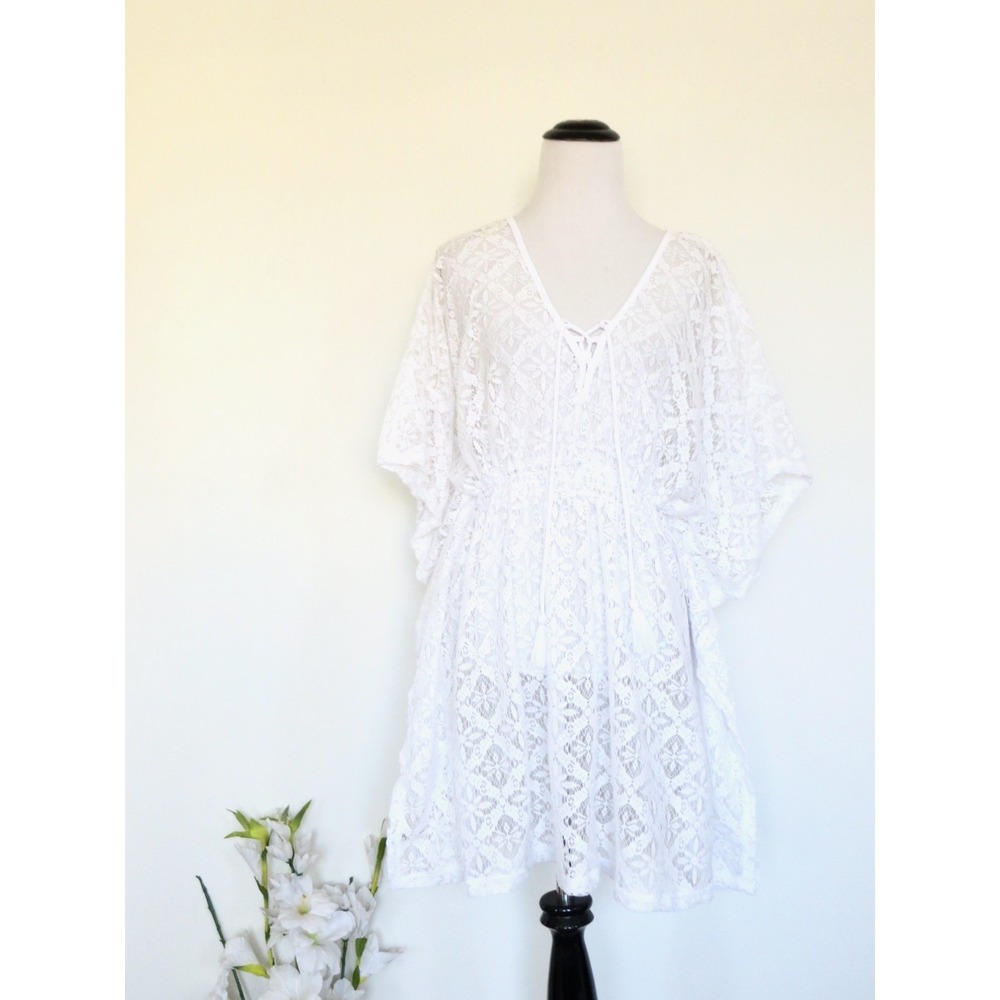 NEW! Miken Swim Crochet Lace Swimsuit Cover Up Pullover White SZ XL - Picture 2 of 7